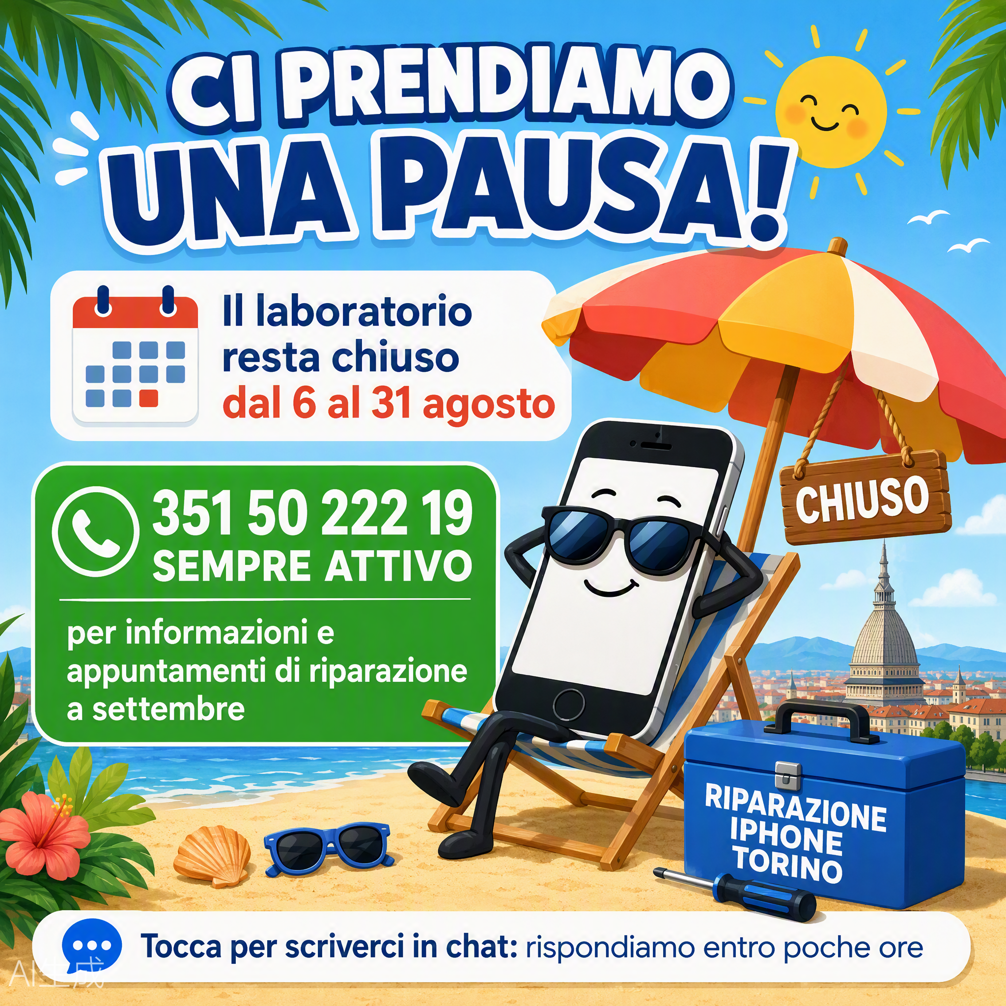 Chiusura del laboratorio dal 6 al 30 agosto. Tocca per scriverci su WhatsApp.