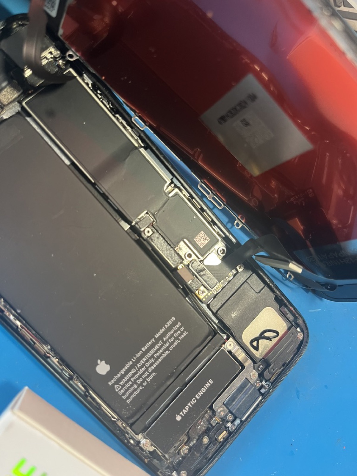 iPhone 14 aperto sul banco del laboratorio a Torino con batteria Apple A2819 in vista durante la sostituzione