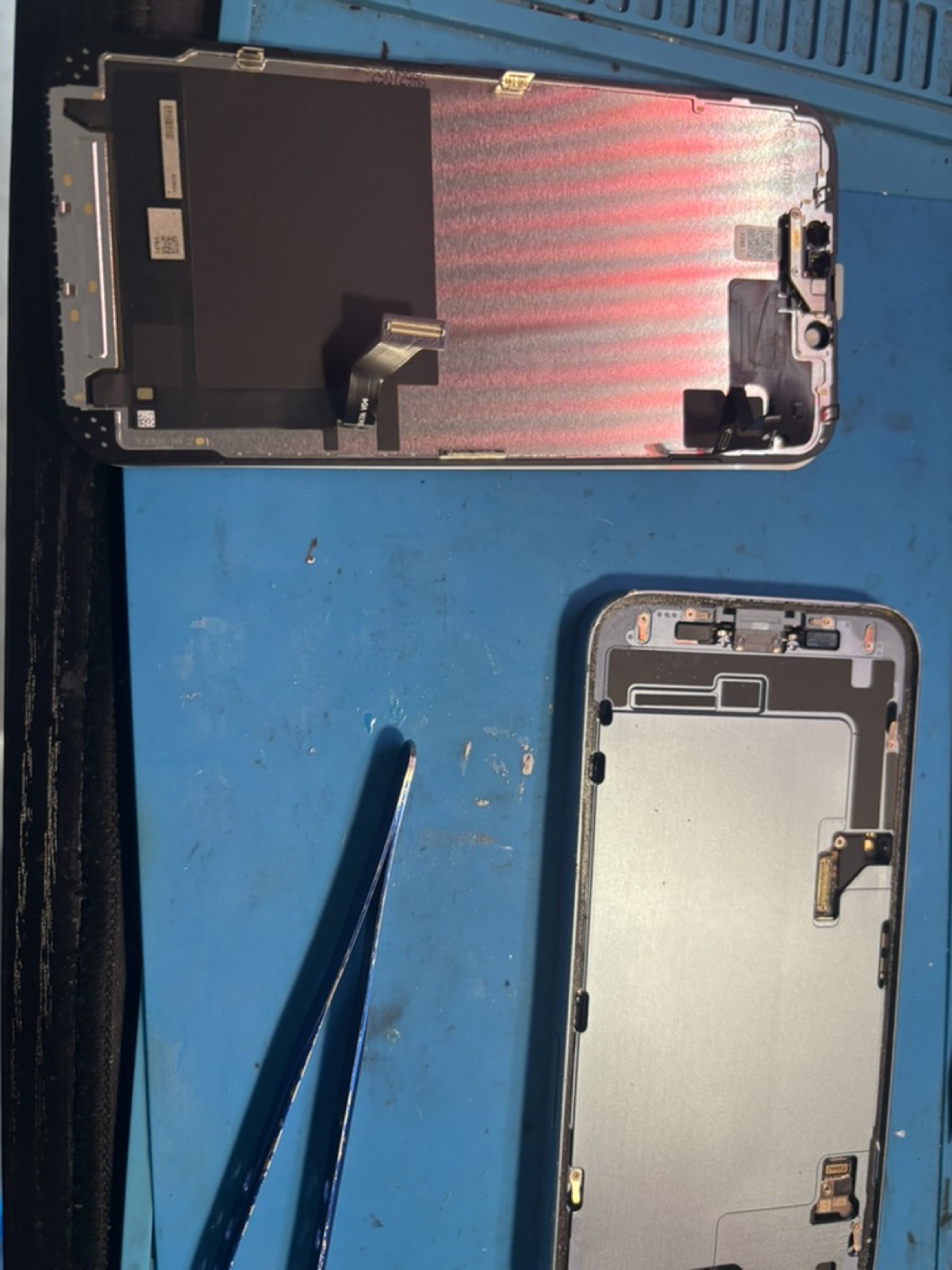 Display iPhone smontato accanto al telaio durante la sostituzione dello schermo in laboratorio a Torino